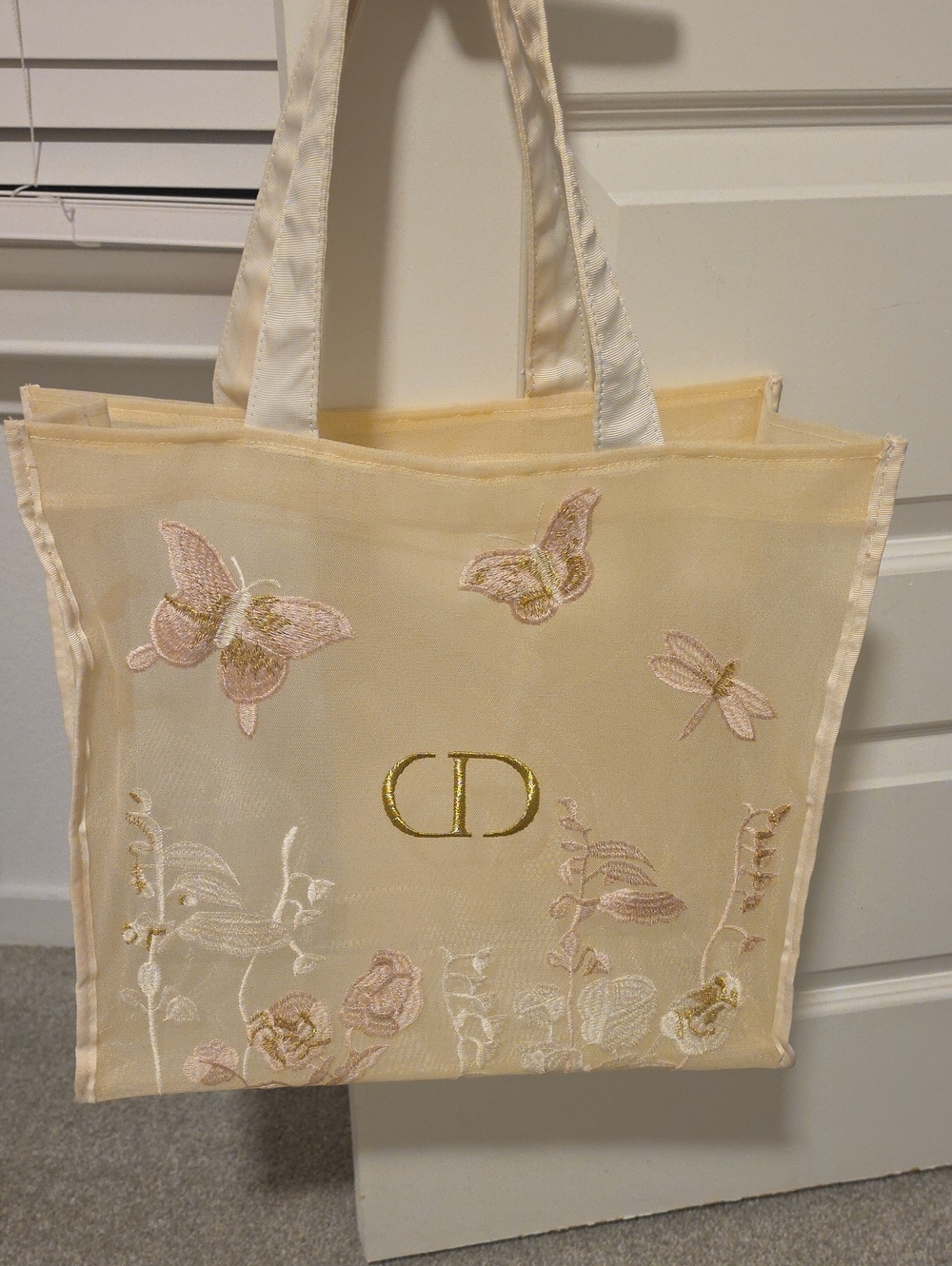 Embroidered Beige Butterfly Tote Bag with Gold Accent. GWP VIP